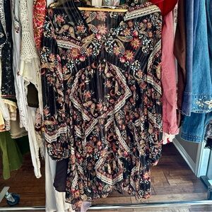 ZARA Boho Floral Paisley Pleated Dress – Black Mixed Print Long Sleeve Sheer